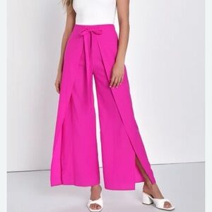 Lulus Split Leg Pants NWT NEW Wide Leg Tie Close High Rise Fuschia Large